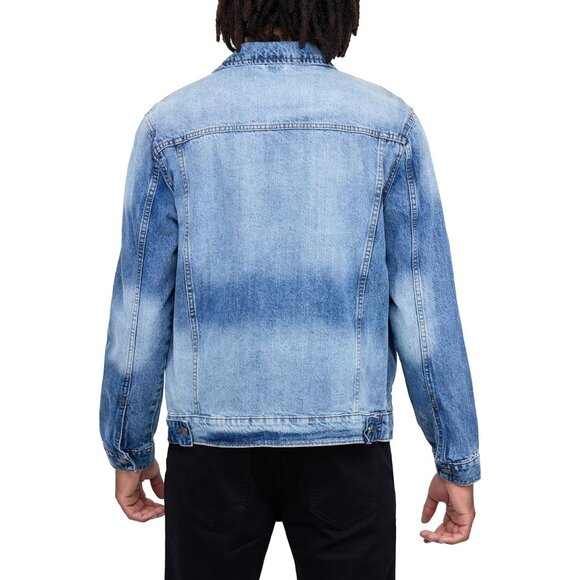 Mens Medium Blue Denim Jacket Washed Ripped Distressed Stretch Casual Trucker - Picture 2 of 9